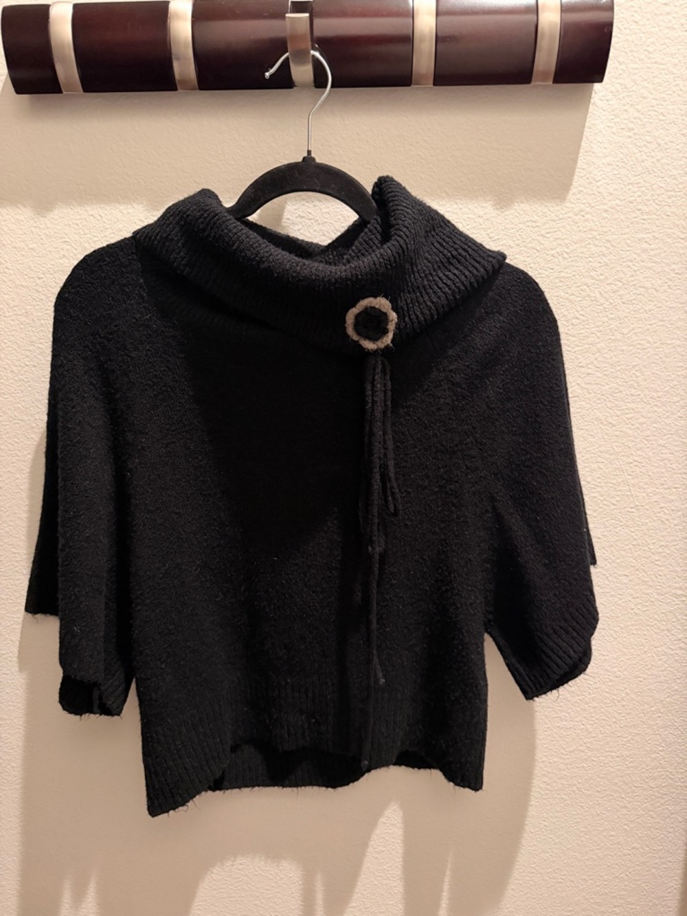 Black Short-Sleeve Cowl Neck Sweater with Decorative Ring